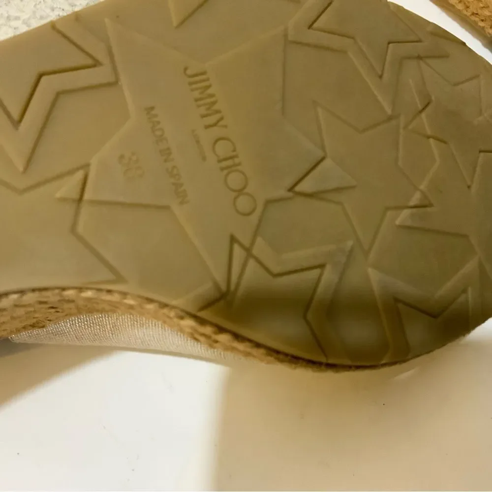 JIMMY CHOO Women’s 38 US 8 Espadrille Platform Wedge Gold Metallic Leather